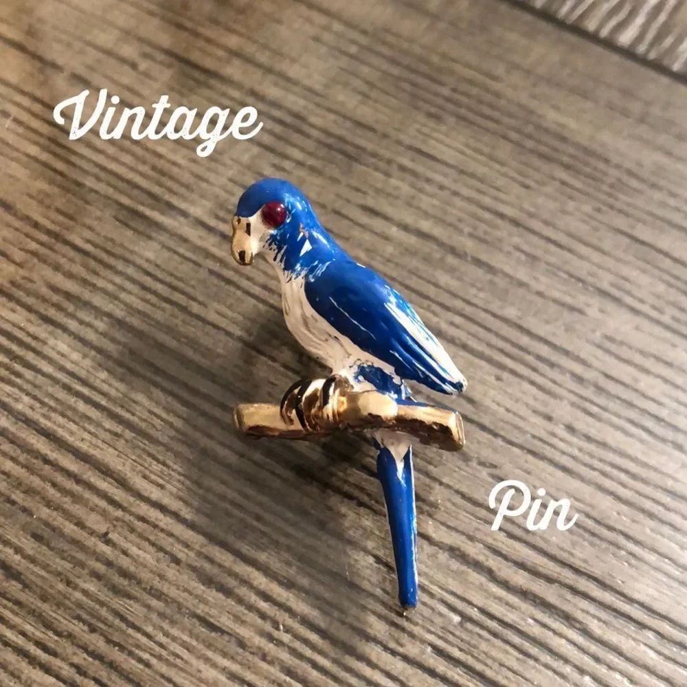 Vintage Enamel Painted Blue & White Parrot Bird Pin